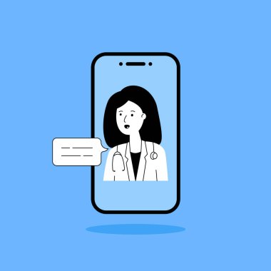 Online doktor danışmanlığı. Hastanedeki tıbbi, modern sağlık teknolojileri ile çevrimiçi danışmanlık kavramı. Genç bayan karakter ekranda konuşuyor. mavi siyah düz işaret uygulaması, site