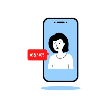 Kadın telefonda küfrediyor. Öfke konsepti, kabul edilemez yorumcu davranışı ve yazışmalardaki agresif ruh hali, SMS 'lerdeki öfke, istenmeyen spam. Beyaz arkaplanda basit işaret izole edildi