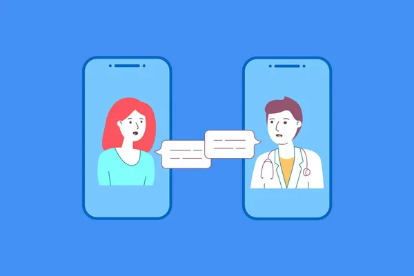 telefonda erkek doktor ve kadın vardı. Çevrimiçi danışmanlık, terapist ve modern sağlık teknolojileri konusunda tavsiye ve yardım kavramı. Genç karakterler tasarla. Uygulama için basit işaret, mavi üzerine web sitesi
