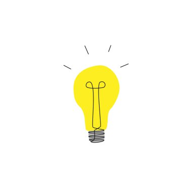 yellow luminous lamp hand-drawn. concept of brainstorm, imagination, good advice, discovery image, thinking process. art element of clipart in cartoon style. simple yellow sign isolated on white clipart