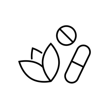 Doğrusal bitkisel hap işareti. Doğal ilaç konsepti, reçeteli bitki, eko hastane, sağlıklı beslenme, sağlıklı beslenme, biyo-ilaç, çiçek laboratuvarı, doğa terapisi. Beyaz arkaplanda basit siyah simge