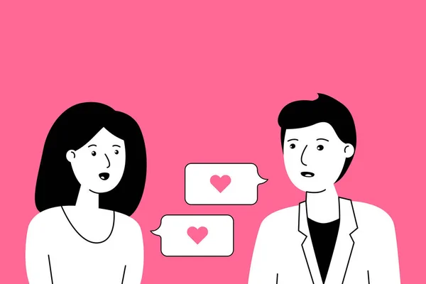 Kadın ve erkek arasında diyalog. Romantik randevu, aşk hikayesi, duygularını açıkla, aşkını ilan et, birlikte ol, canlı iletişim, ilişki psikolojisi. Pembe arkaplanda basit işaret