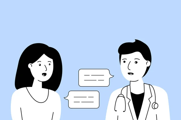 一个女人和一个医生的对话 咨询的概念 在线咨询治疗师 现代医疗技术 设计年轻角色 应用程序的简单符号 蓝色孤立的网站 — 图库矢量图片
