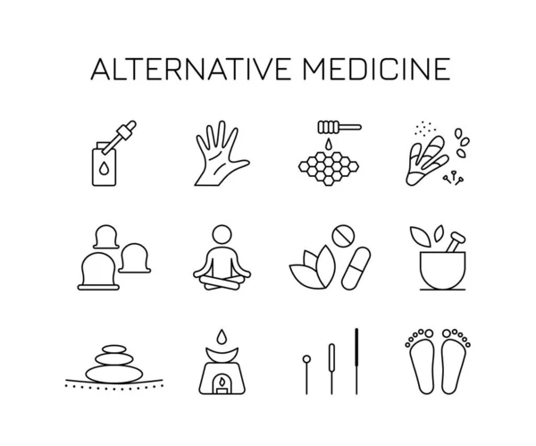 Alternatif tıp ikonları hazır. Vücut ve ruh bakımı konsepti, refleksoloji, reiki metodoloji, osteopati, bio tibet güzellik prosedürü. minimal doğrusal tasarım. beyaz arkaplanda siyah basit işaretler