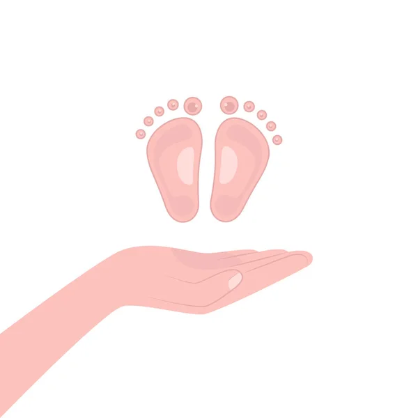 平手和小脚 新家庭成员的概念 第一个孩子 快乐的爸爸妈妈 小的第一次散步 婴儿淋浴庆祝 保护生命 在白纸上画可爱的字体 — 图库矢量图片
