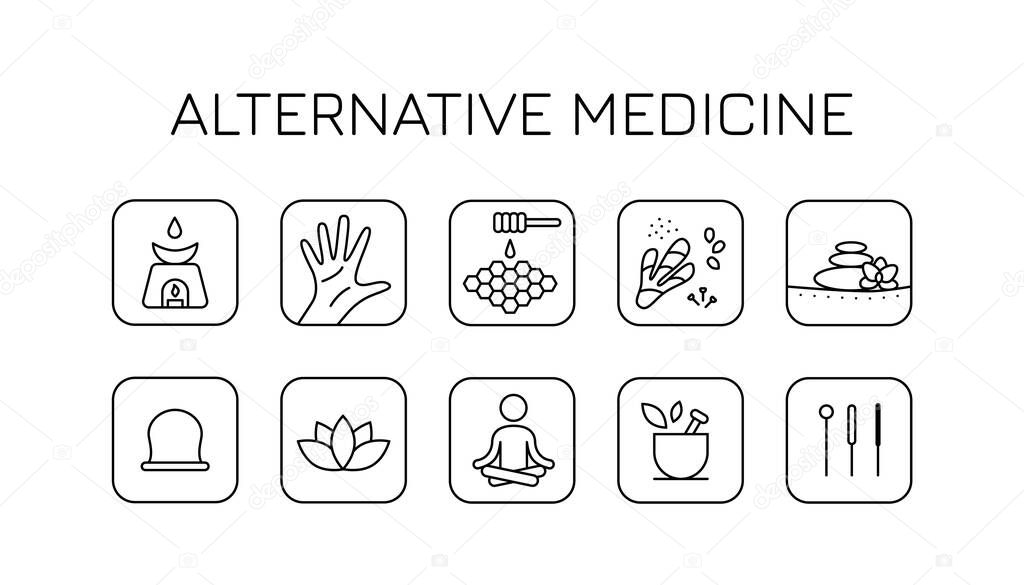 black alternative medicine icons set. concept of body and soul care, reflexology, reiki methodology, energy flower, tibetan beauty procedure. minimal linear design. simple signs on white background