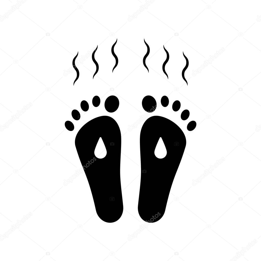 Sweaty and smelly feet icon. concept of prevent unclean or infection disease foot. symbol of dermatology problem skin, personal hygiene rule. flat black simple sign isolated on white for print or web