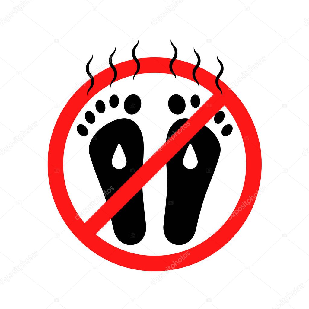 Stop sweat and bad smell sign. concept of prevent unclean or infection disease foot. symbol of dermatology problem skin, personal hygiene rule. flat black simple sticker on white for print or web