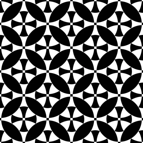 Geometrik dikişsiz tek renkli desen. Tablolu arka plan. Haç ve dairelerden oluşan beyaz ve siyah kafes.