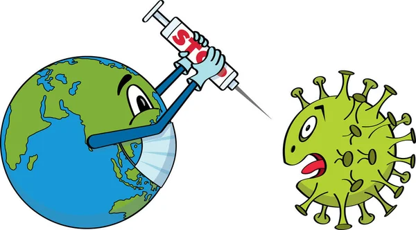 地球はワクチンでコロナウイルスを殺し人々を救う — ストックベクタ