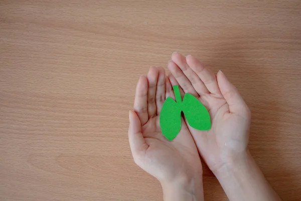 Manos Mujer Sosteniendo Papel Pulmón Verde Sobre Fondo Mesa Madera — Foto de Stock