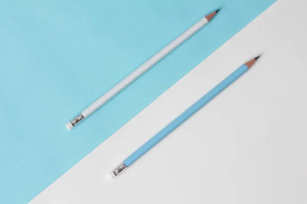 White Blue Pencil White Blue Paper Background Minimal Concept — Stock Photo, Image