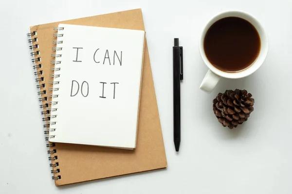 Geschreven Woorden Kan Het Papier Notebook Met Koffie Pen Witte — Stockfoto