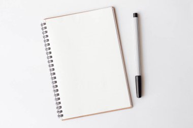 Arka planda kalem olan boş defterin üst görünümü. Eğitim kavramı.