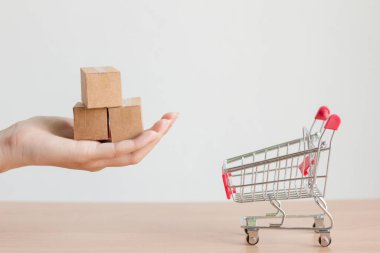 Paket kutusunu el arabasında ya da alışveriş arabasında taşıyan kadın, e-ticaret konsepti, teslimat hizmeti konsepti.