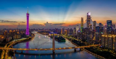 Guangzhou 'da ziyaret edilecek en iyi yerler, insansız hava aracı, karanlık, gün doğumu.