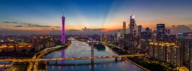 Guangzhou 'da ziyaret edilecek en iyi yerler, insansız hava aracı, karanlık, gün doğumu.