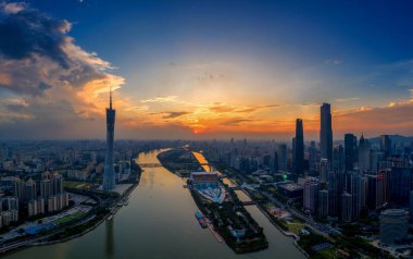 Guangzhou 'da ziyaret edilecek en iyi yerler, insansız hava aracı, karanlık, gün doğumu.