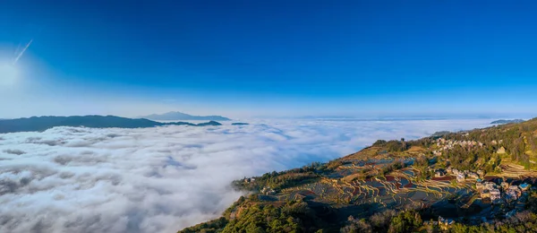 Nuage Mer Yuanyang Riz Terrasses Tombée Nuit — Photo