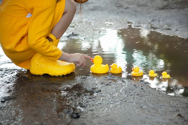 A girl in a yellow dress and yellow rubber boots lets a family of yellow ducks in a puddle. Bright picture of summer holidays. Summer rain. SpringA