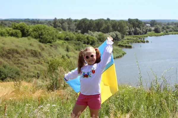 Счастливая Улыбающаяся Украинка Вышиванке Желтым Синим Флагом Горе Фоне Полей — стоковое фото