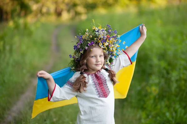 Ukraine Fluttering Blue Yellow Flag Hands Little Ukrainian Girl Smiling — Stock Photo, Image