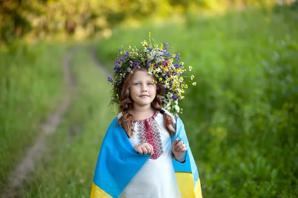 Ukrainska Barn Flicka Broderad Skjorta Vyshyvanka Och Krans Vilda Blommor — Stockfoto