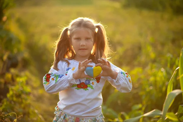 Petite Fille Vêtue Une Chemise Brodée Vyshyvanka Avec Cœur Jaune — Photo