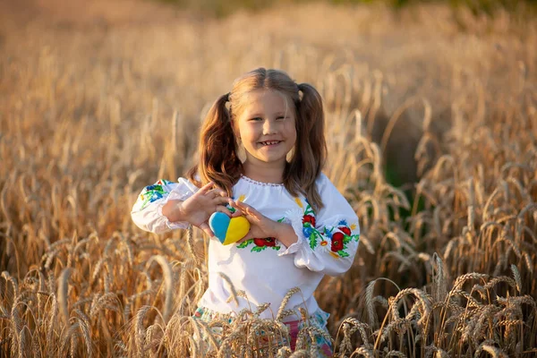 Petite Fille Vêtue Une Chemise Brodée Vyshyvanka Avec Cœur Jaune — Photo