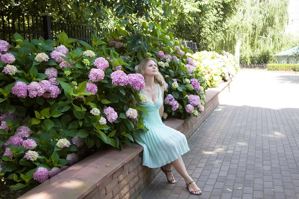 Belle Fille Dans Jardin Floraison Hortensia — Photo