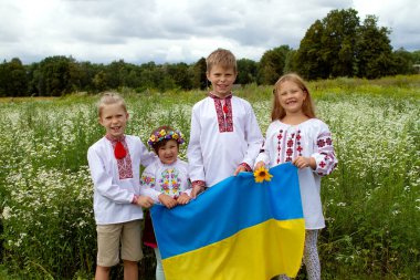Nakışlı tişörtlerle gülümseyen dört güzel çocuk Ukrayna 'nın sarı ve mavi bayrağını papatya tarlasında tutuyor. İki erkek ve iki kız mutlu bir Ukraynalı ailedir.. 