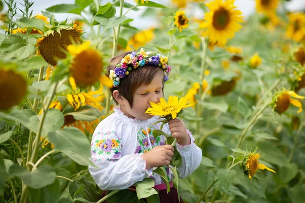 Bonne Fille Ukrainienne Dans Une Chemise Brodée Une Couronne Reniflant — Photo