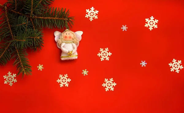 Sztandar Świąteczny Anioł Gwiazdą Choince Płatkami Śniegu Czerwonym Tle — Zdjęcie stockowe