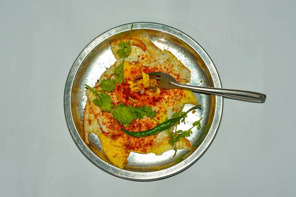 Egg Fried Coriander Leaves Green Chillies White Background — Stock Photo, Image