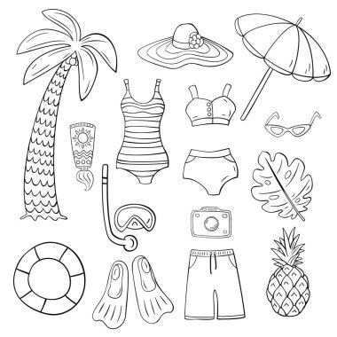 Summer 'ın el çizimi çizimleri. Yaz karalama ikonu seti. El çizimi Yaz elementleri.