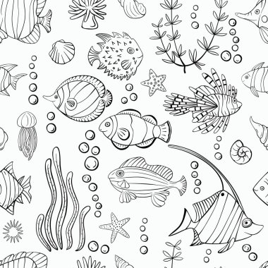 Tropikal balıklar ve su altı bitkileri pürüzsüz desenli. Okyanus yaşamı arka planı.