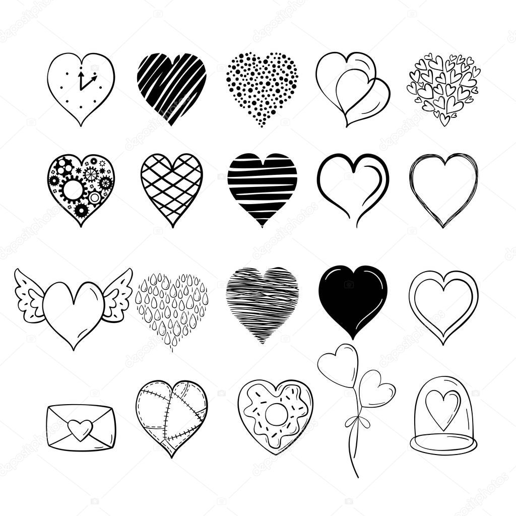 Set of hand-drawn hearts. Vector doodle hearts set.