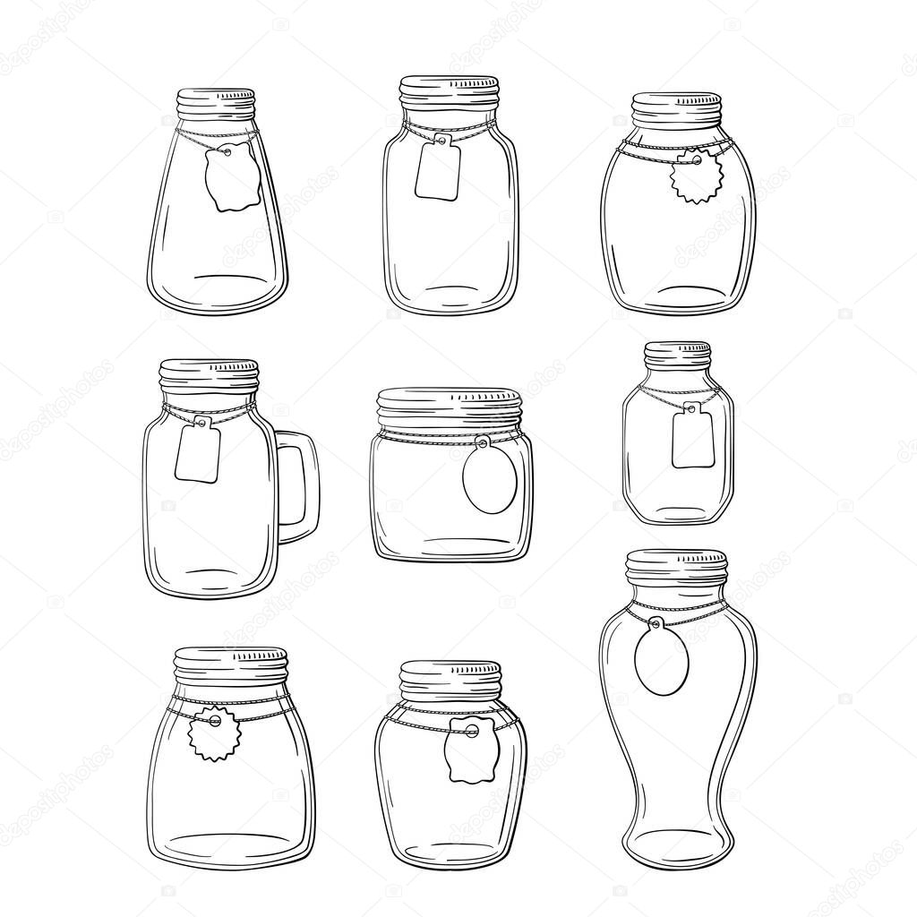 Set of hand-drawn mason jars. Vector set jars.