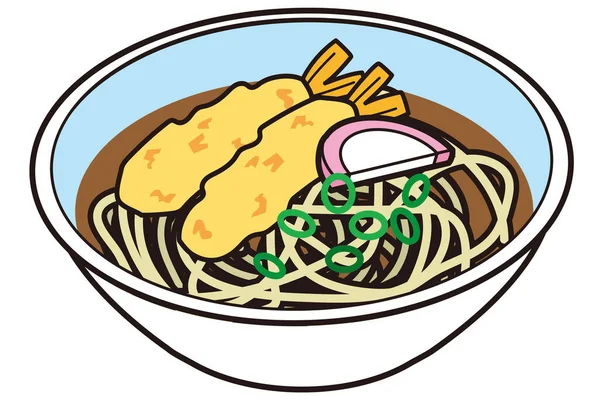 Japanese Warm Tempura Soba Noodles Served Bowl — Stock Vector