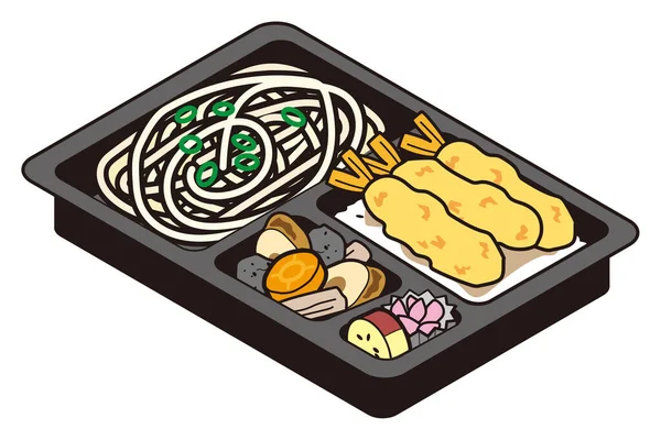 Lunch Box Japanese Chilled Udon Shrimp Tempura — Stock Vector