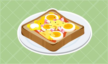 Tabakta haşlanmış yumurtalı pizza.