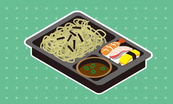 Kall Colander Soba Och Nigiri Sushi Bento Att Hem Japan — Stock vektor