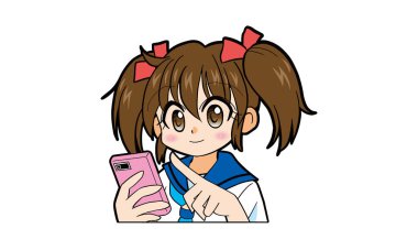 Çift kuyruklu üniformalı Japon kız akıllı telefon kullanıyor.