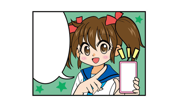 Cartoon of a Japanese girl in uniform with twin tails operating a smartphone