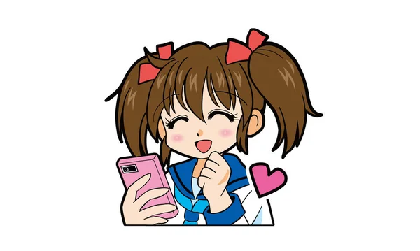 Japanese Girl Uniform Twin Tails Operating Smartphone — Stock Vector