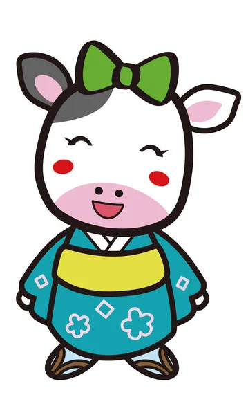 Illustrazione Una Carta Anno Nuovo Giapponese Ragazza Vacca — Vettoriale Stock