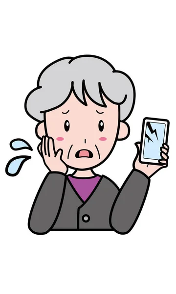 Granny Panicking Broken Cell Phone — Stock Vector