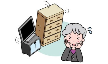 Deprem yüzünden mobilyaları sallanan yaşlı bir kadın.