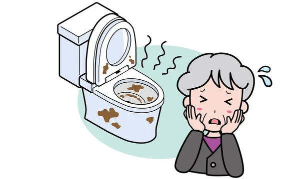 Tuvalet su sızdırdığı ve zemin kirli olduğu için başı dertte olan yaşlı bir kadın.