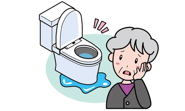 Stará Žena Která Potíže Protože Toalety Teče Voda Podlaha Špinavá — Stockový vektor